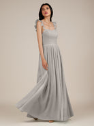 KissDress-Onyx Silver A Line Sweetheart Chiffon Ruffled Long Bridesmaid Dress with Slit
