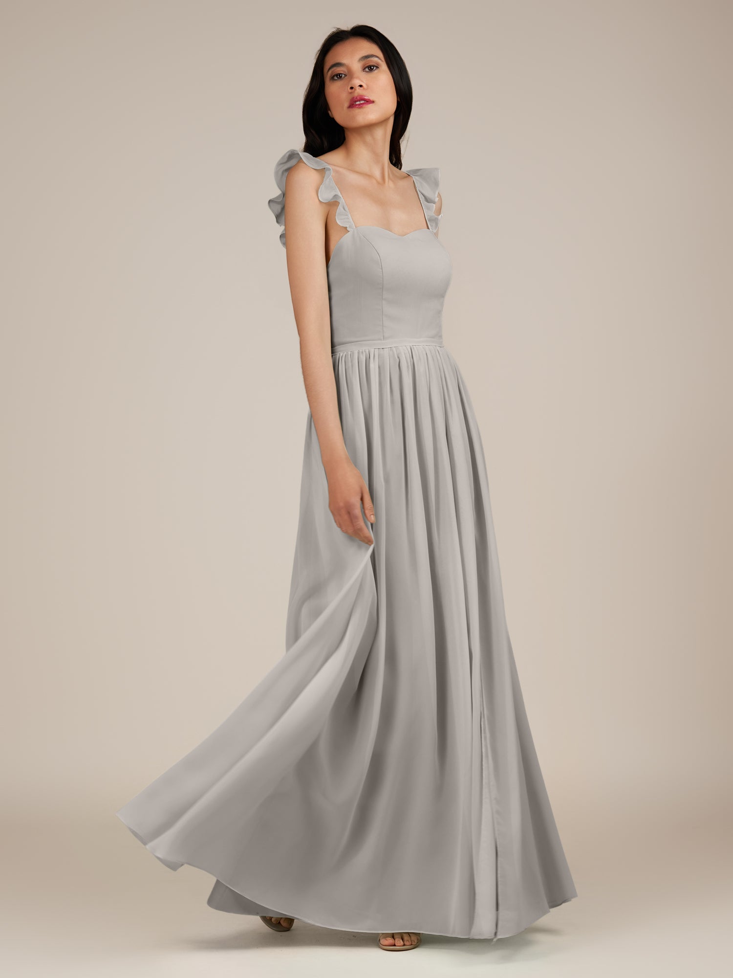 KissDress-Onyx Silver A Line Sweetheart Chiffon Ruffled Long Bridesmaid Dress with Slit