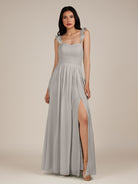 KissDress-Onyx Silver A Line Sweetheart Chiffon Ruffled Long Bridesmaid Dress with Slit