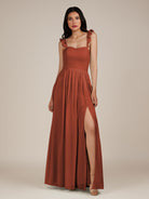 KissDress-Onyx Spice A Line Sweetheart Chiffon Ruffled Long Bridesmaid Dress with Slit