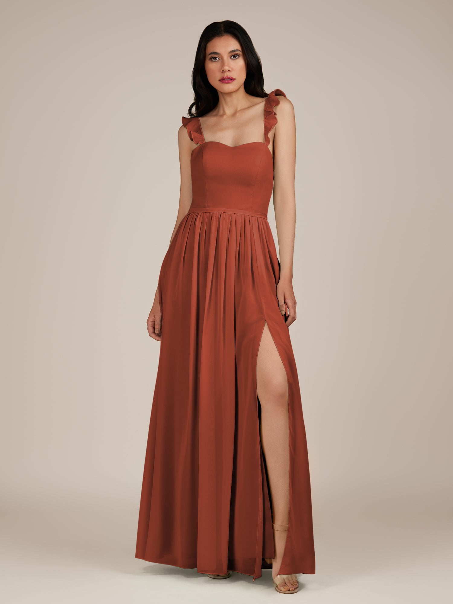 KissDress-Onyx Spice A Line Sweetheart Chiffon Ruffled Long Bridesmaid Dress with Slit