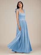 KissDress-Onyx Steel Blue A Line Sweetheart Chiffon Ruffled Long Bridesmaid Dress with Slit