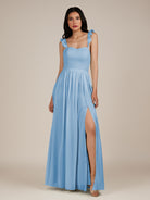 KissDress-Onyx Steel Blue A Line Sweetheart Chiffon Ruffled Long Bridesmaid Dress with Slit
