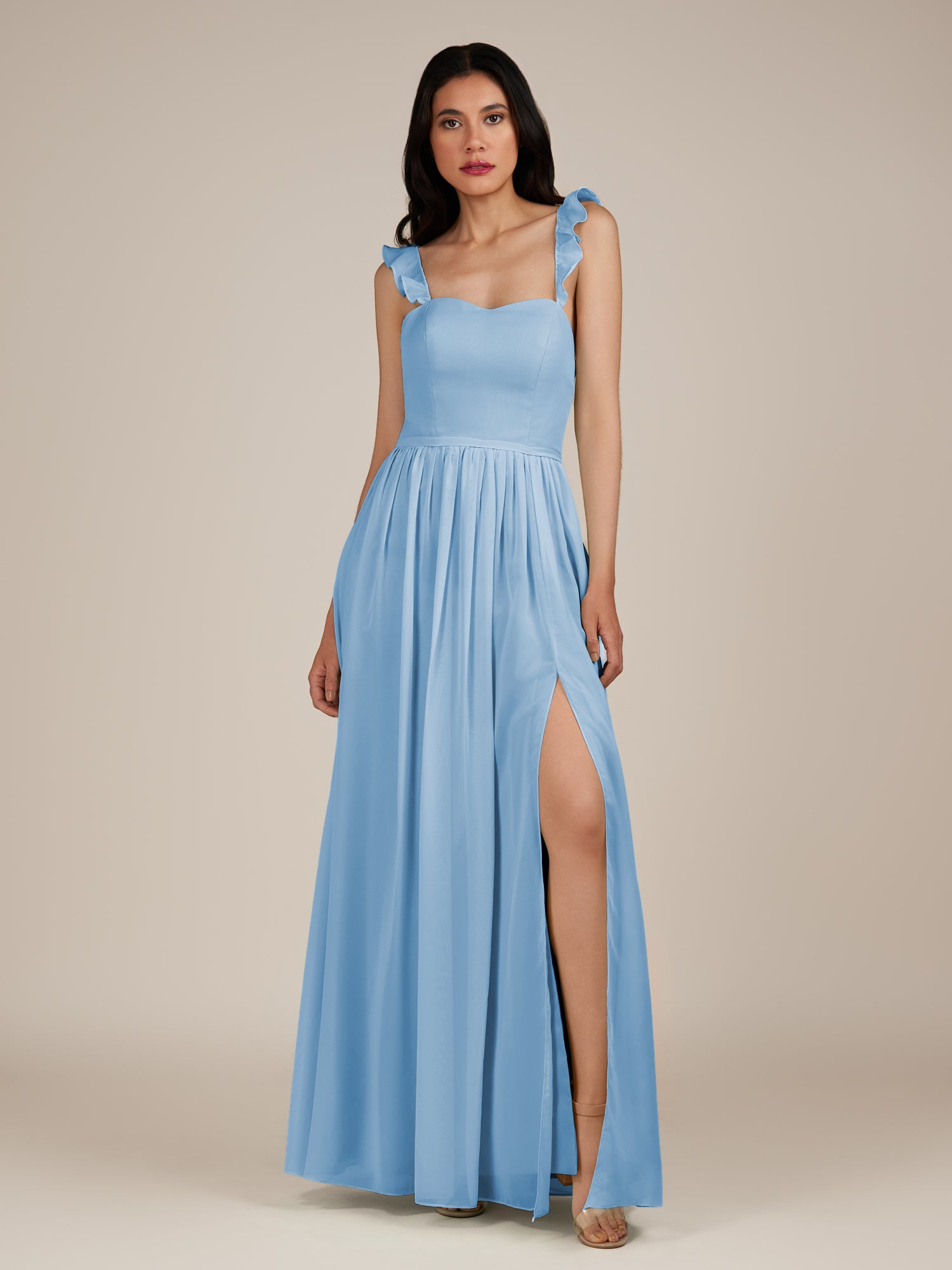 KissDress-Onyx Steel Blue A Line Sweetheart Chiffon Ruffled Long Bridesmaid Dress with Slit