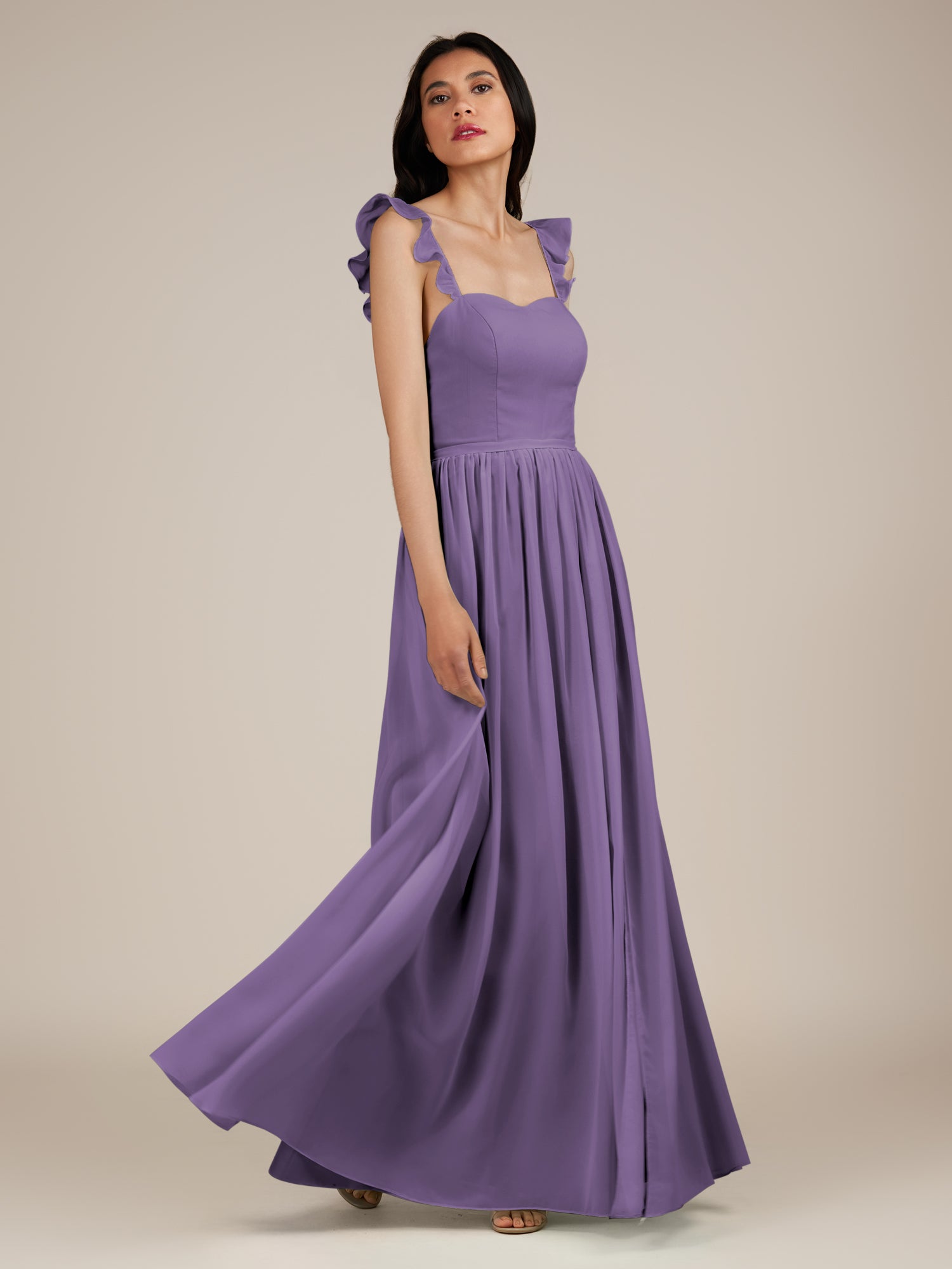 KissDress-Onyx Tahiti A Line Sweetheart Chiffon Ruffled Long Bridesmaid Dress with Slit