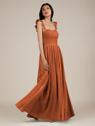 KissDress-Onyx Terracotta A Line Sweetheart Chiffon Ruffled Long Bridesmaid Dress with Slit