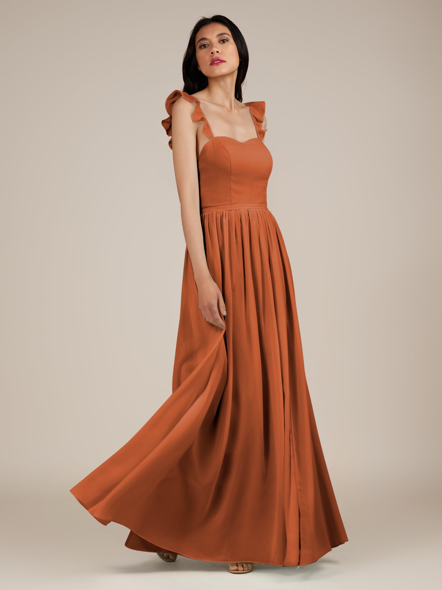 KissDress-Onyx Terracotta A Line Sweetheart Chiffon Ruffled Long Bridesmaid Dress with Slit
