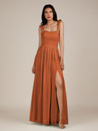 KissDress-Onyx Terracotta A Line Sweetheart Chiffon Ruffled Long Bridesmaid Dress with Slit
