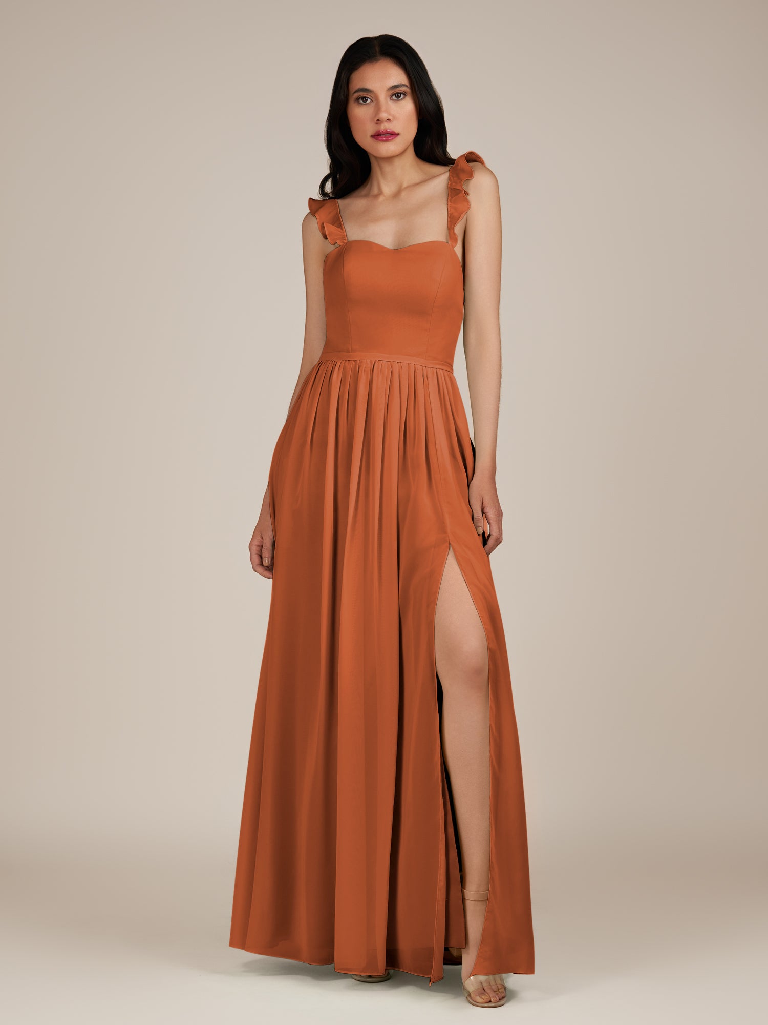 KissDress-Onyx Terracotta A Line Sweetheart Chiffon Ruffled Long Bridesmaid Dress with Slit