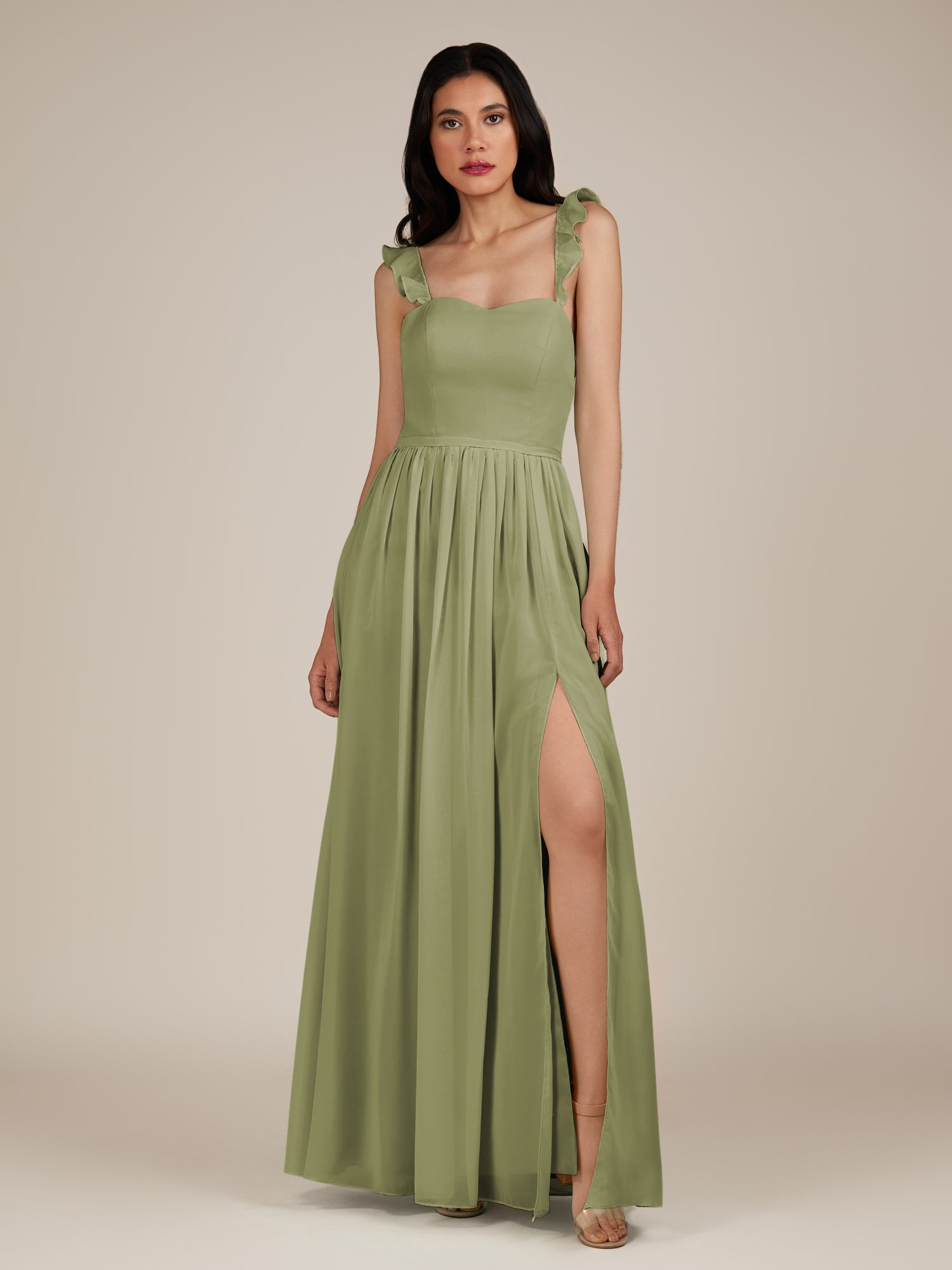 KissDress-Onyx Thyme A Line Sweetheart Chiffon Ruffled Long Bridesmaid Dress with Slit