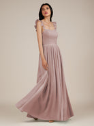 KissDress-Onyx Toffee A Line Sweetheart Chiffon Ruffled Long Bridesmaid Dress with Slit