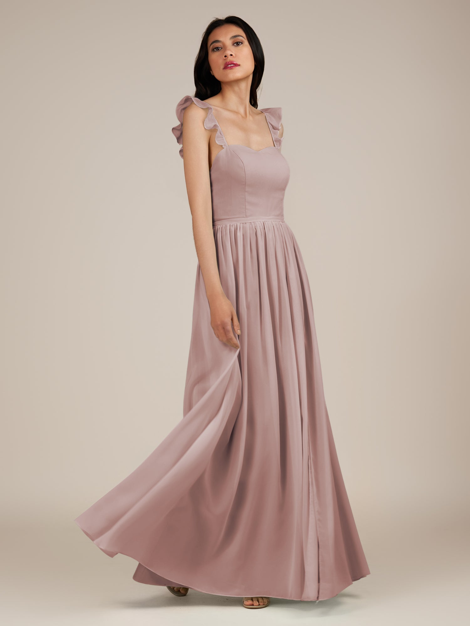 KissDress-Onyx Toffee A Line Sweetheart Chiffon Ruffled Long Bridesmaid Dress with Slit