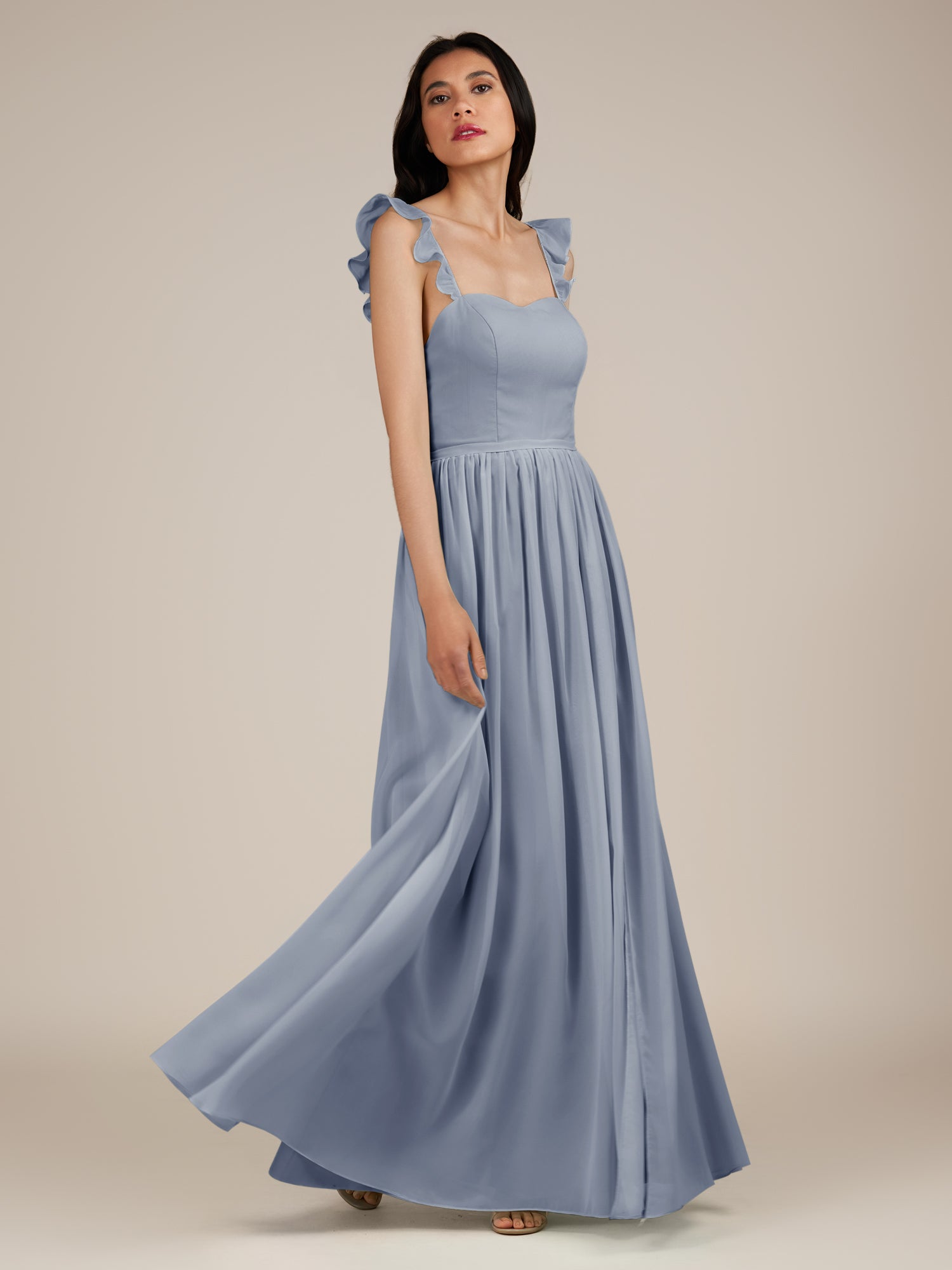KissDress-Onyx Twilight A Line Sweetheart Chiffon Ruffled Long Bridesmaid Dress with Slit
