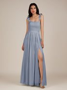 KissDress-Onyx Twilight A Line Sweetheart Chiffon Ruffled Long Bridesmaid Dress with Slit