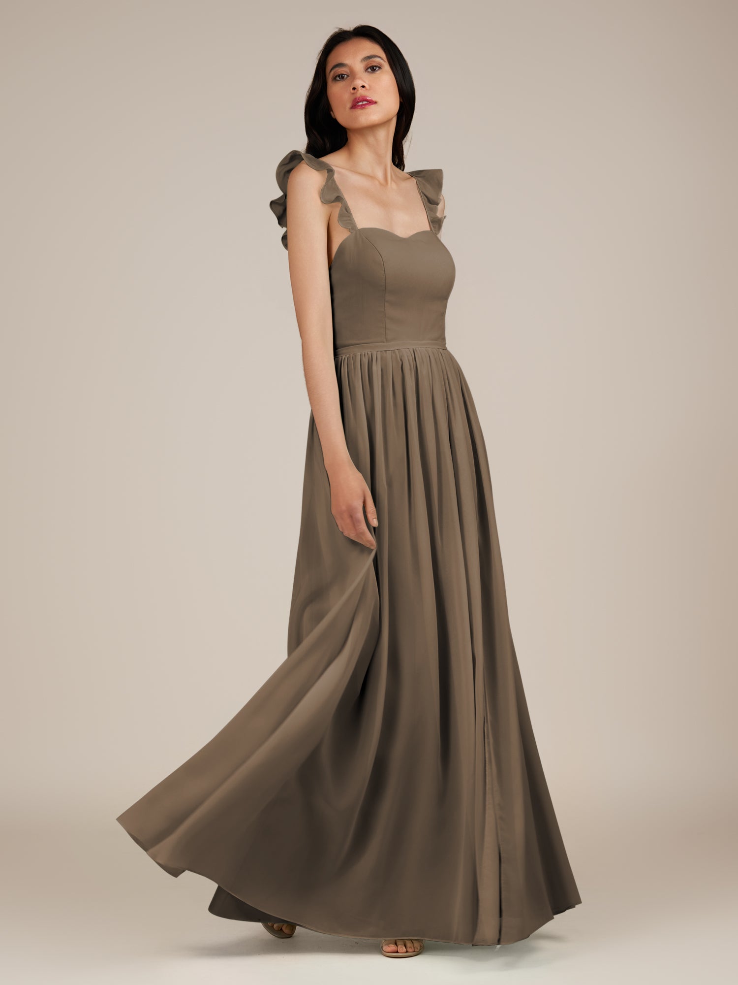 KissDress-Onyx Willow Green A Line Sweetheart Chiffon Ruffled Long Bridesmaid Dress with Slit