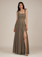 KissDress-Onyx Willow Green A Line Sweetheart Chiffon Ruffled Long Bridesmaid Dress with Slit