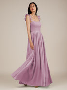 KissDress-Onyx Wisteria A Line Sweetheart Chiffon Ruffled Long Bridesmaid Dress with Slit