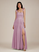 KissDress-Onyx Wisteria A Line Sweetheart Chiffon Ruffled Long Bridesmaid Dress with Slit