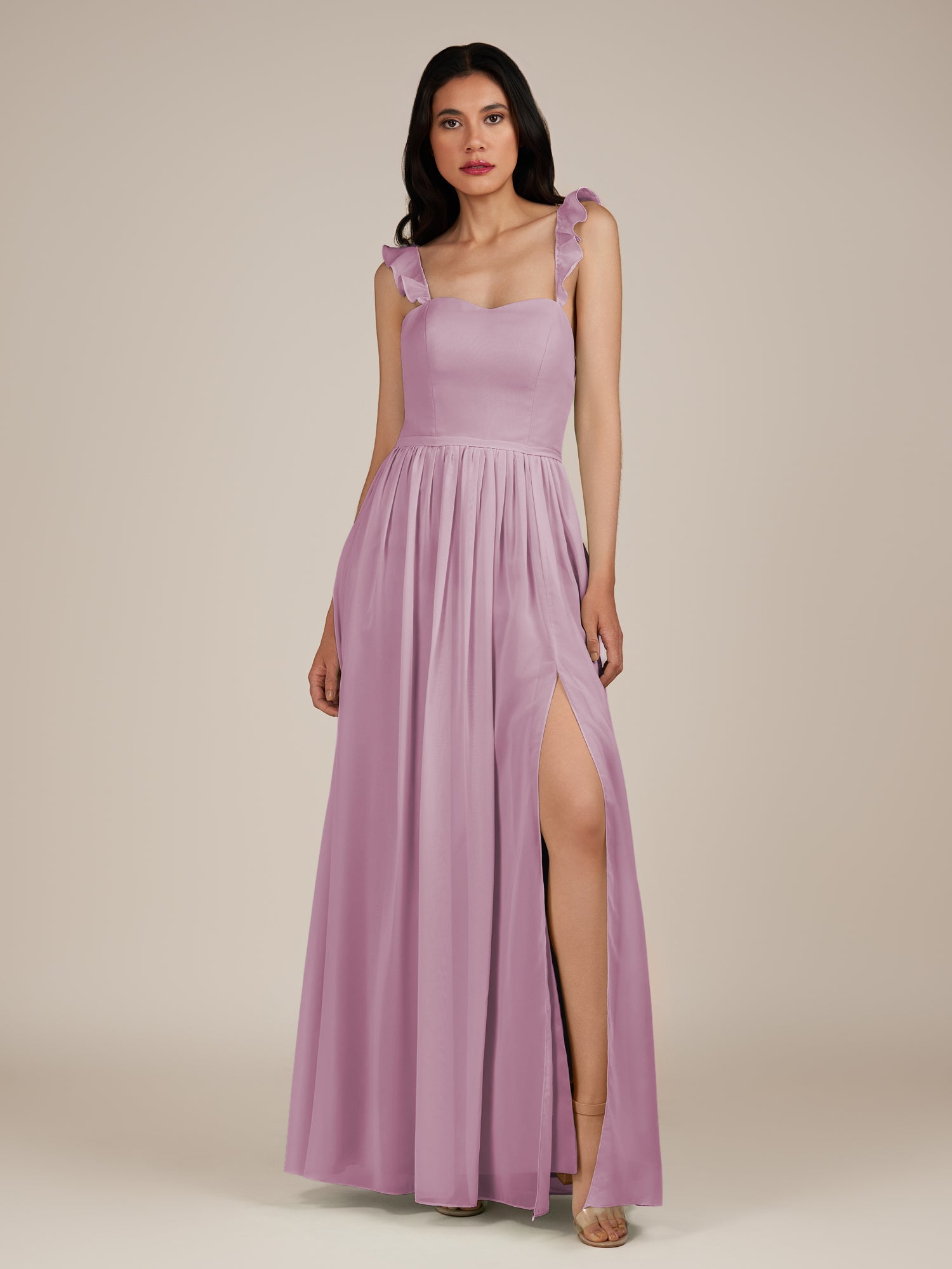 KissDress-Onyx Wisteria A Line Sweetheart Chiffon Ruffled Long Bridesmaid Dress with Slit