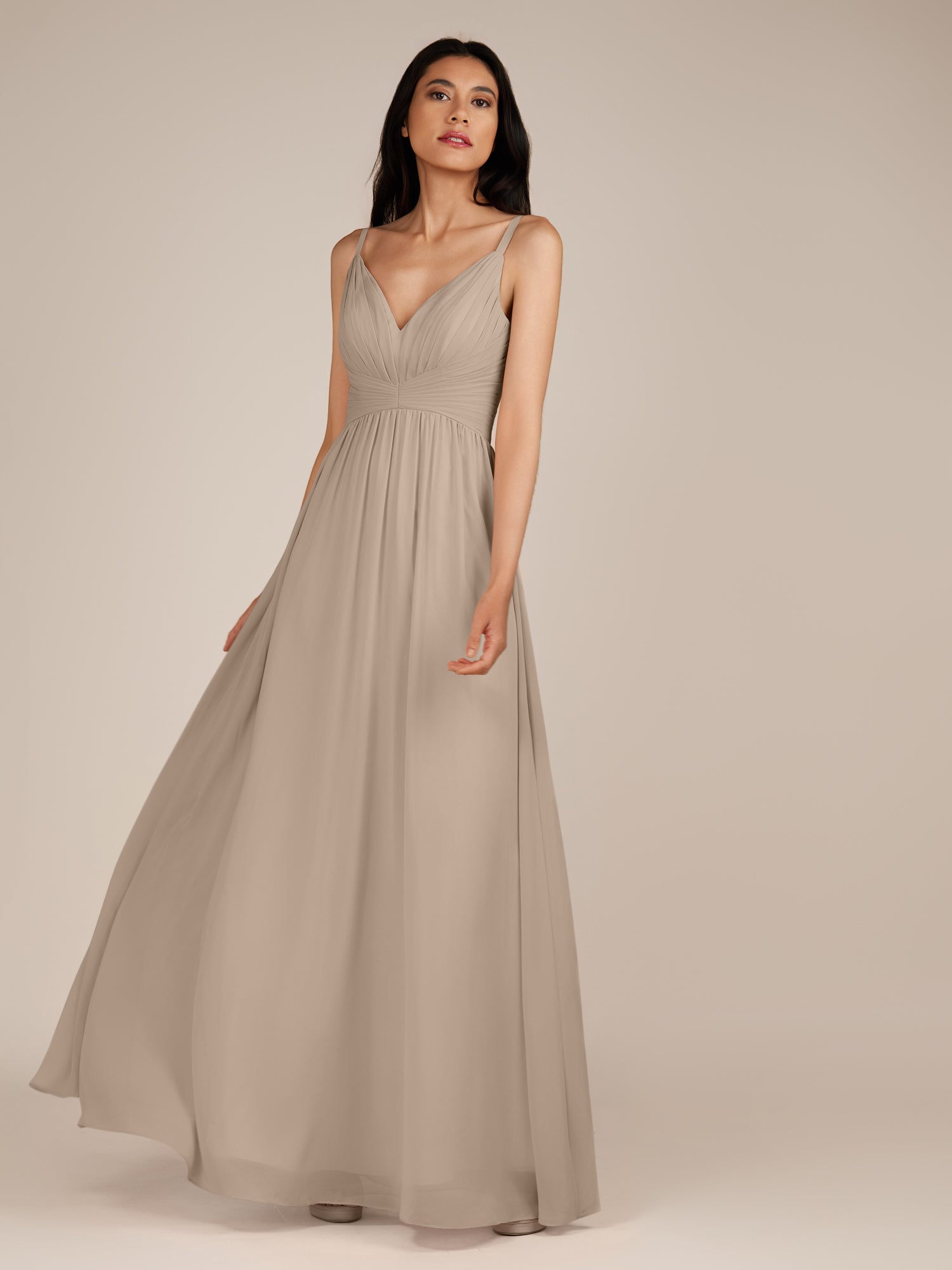 KissDress-Ophelia Almond A Line Chiffon V Neck Long Bridesmaid Dress with Pleats