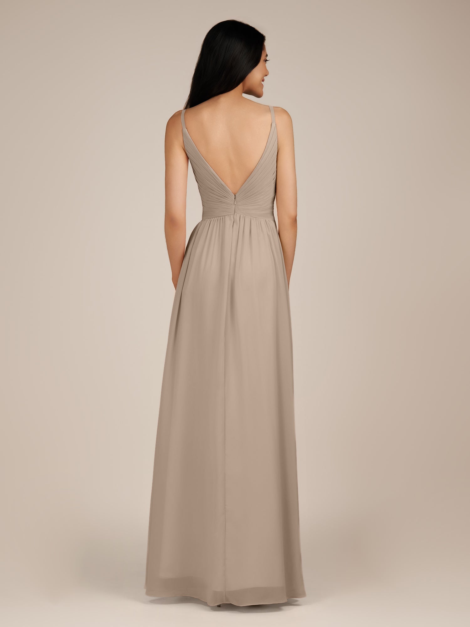 KissDress-Ophelia Almond A Line Chiffon V Neck Long Bridesmaid Dress with Pleats
