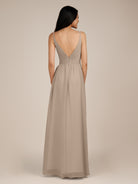 KissDress-Ophelia Almond A Line Chiffon V Neck Long Bridesmaid Dress with Pleats
