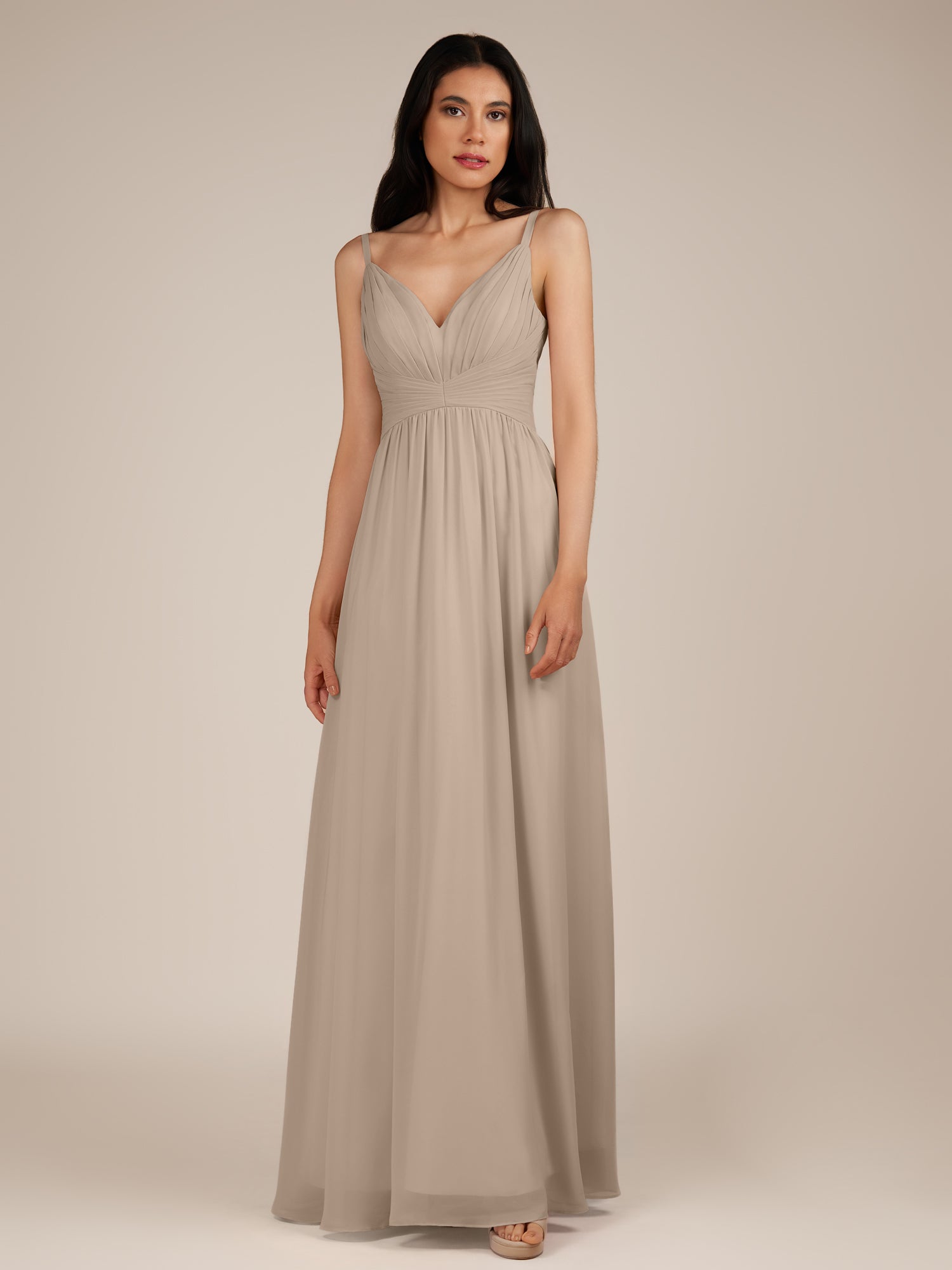 KissDress-Ophelia Almond A Line Chiffon V Neck Long Bridesmaid Dress with Pleats