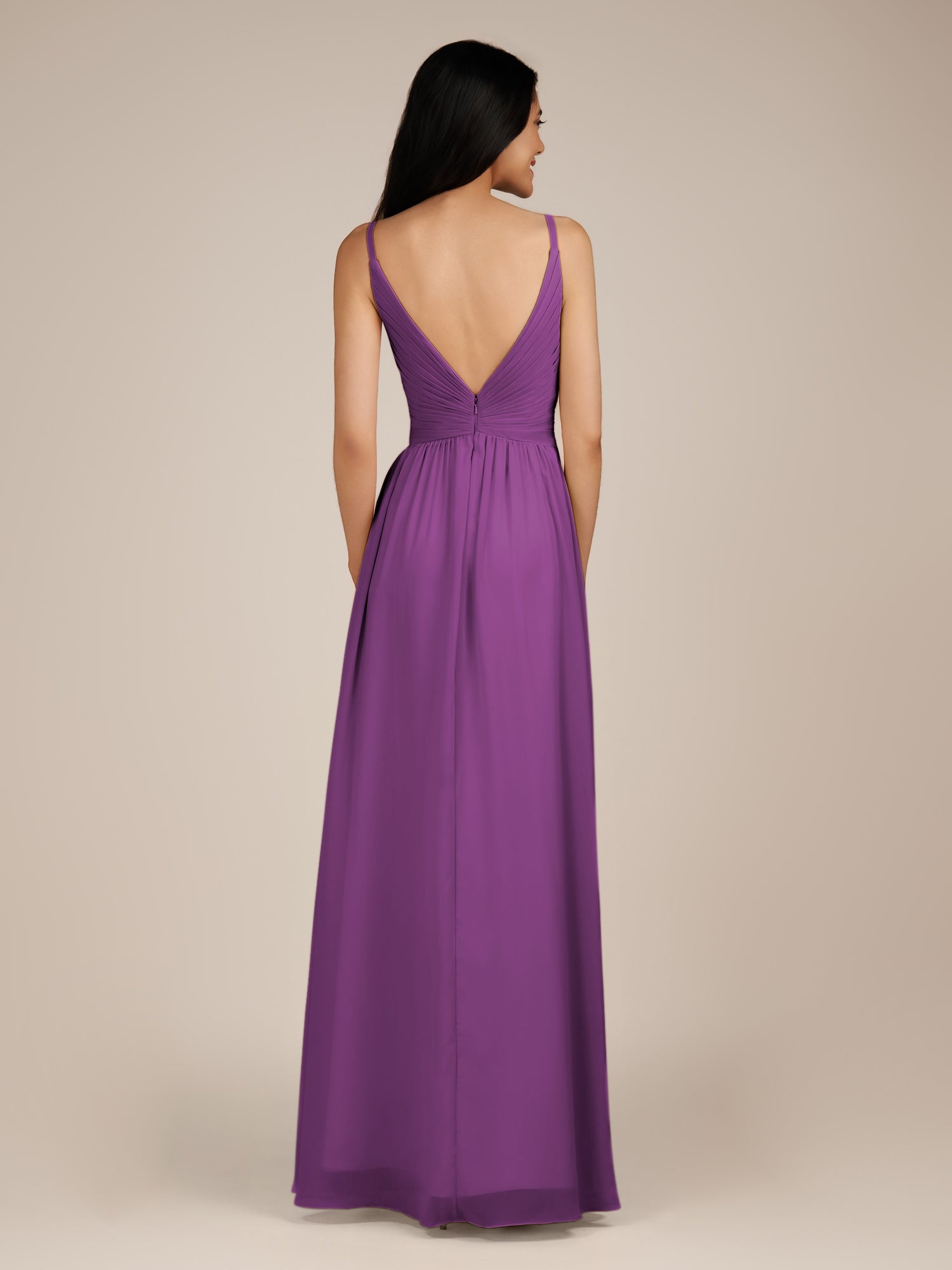 KissDress-Ophelia Amethyst A Line Chiffon V Neck Long Bridesmaid Dress with Pleats