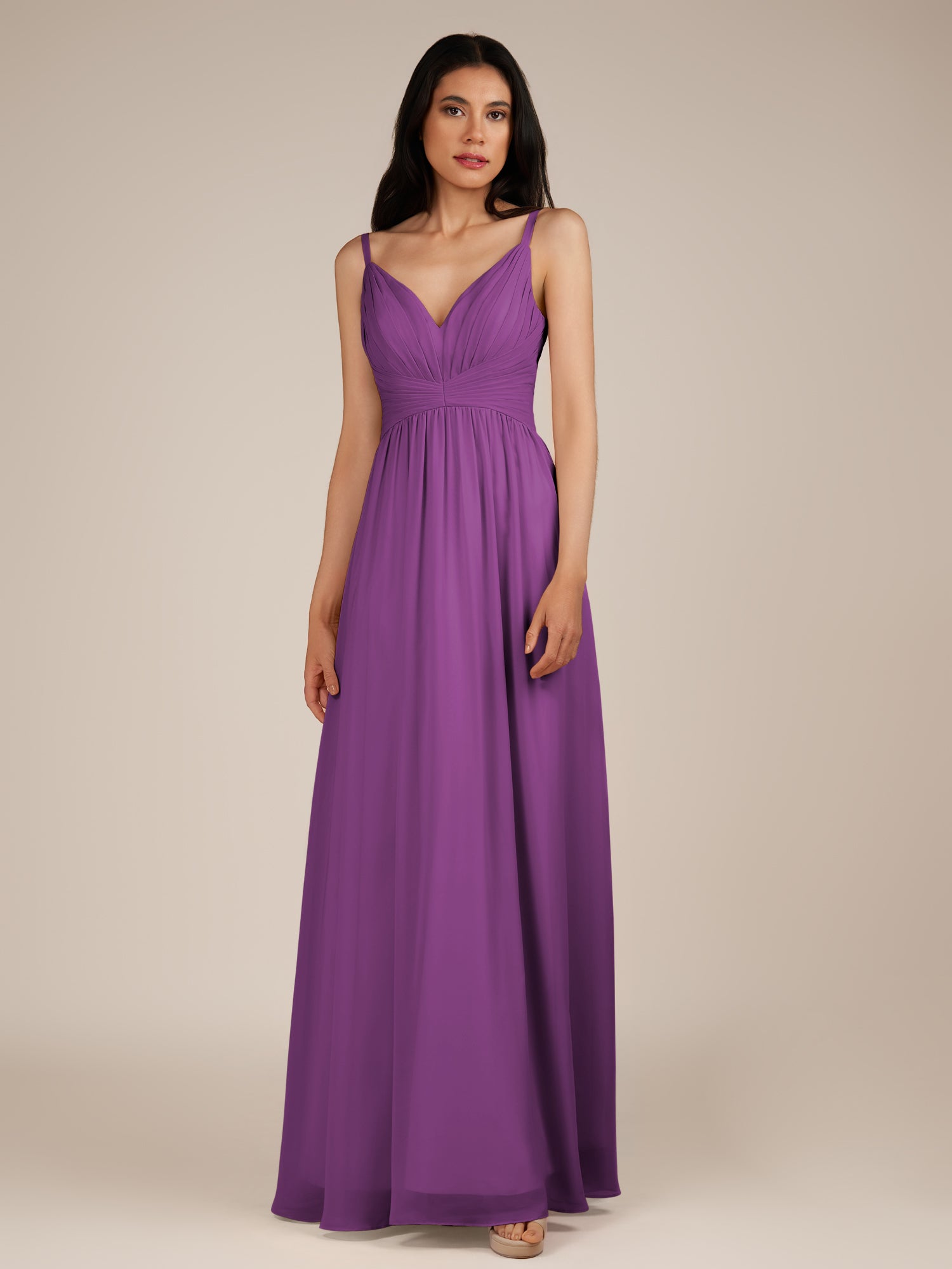 KissDress-Ophelia Amethyst A Line Chiffon V Neck Long Bridesmaid Dress with Pleats
