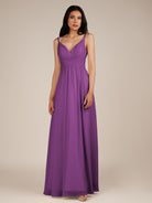 KissDress-Ophelia Amethyst A Line Chiffon V Neck Long Bridesmaid Dress with Pleats