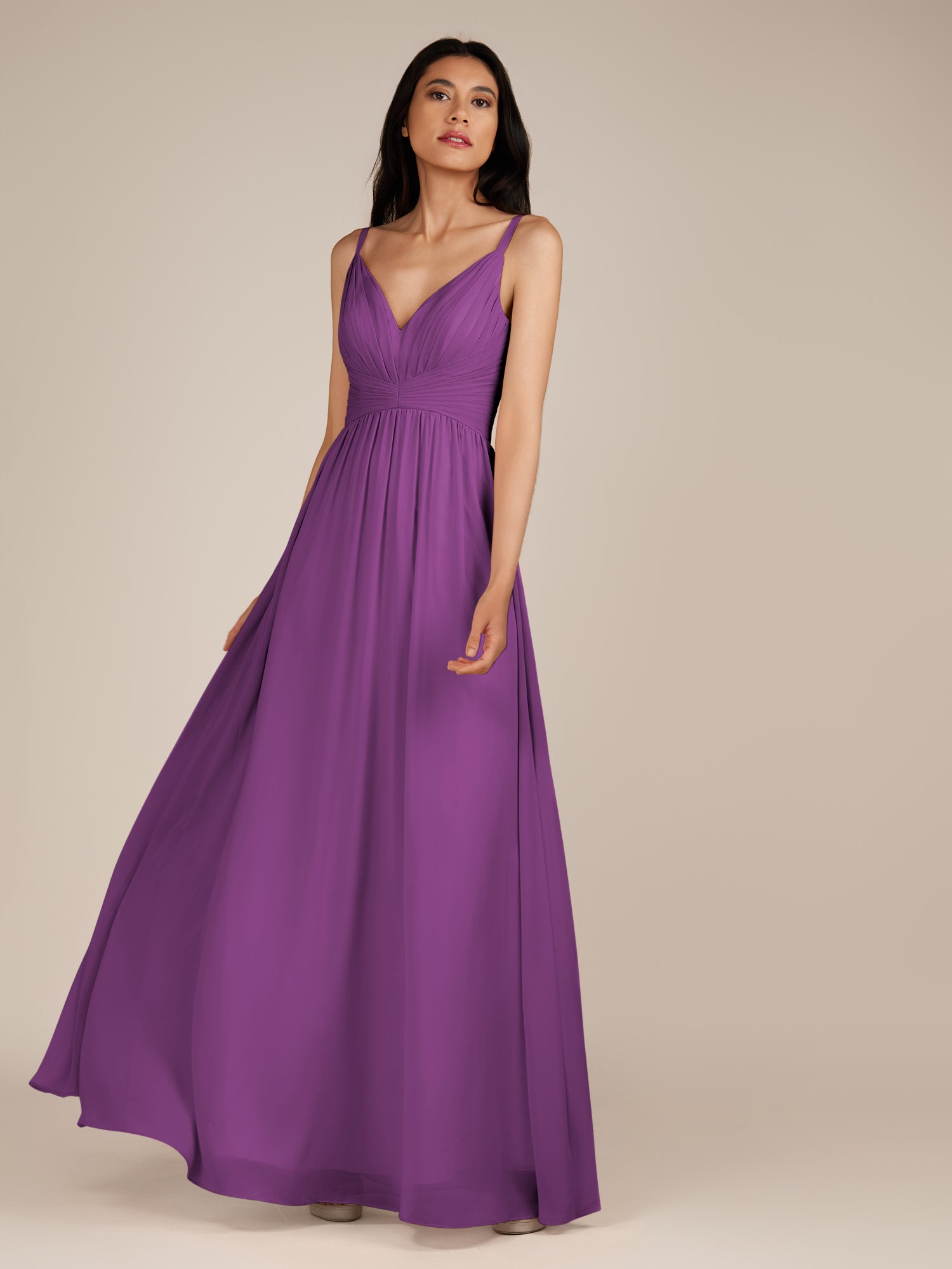 KissDress-Ophelia Amethyst A Line Chiffon V Neck Long Bridesmaid Dress with Pleats