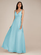 KissDress-Ophelia Aqua A Line Chiffon V Neck Long Bridesmaid Dress with Pleats
