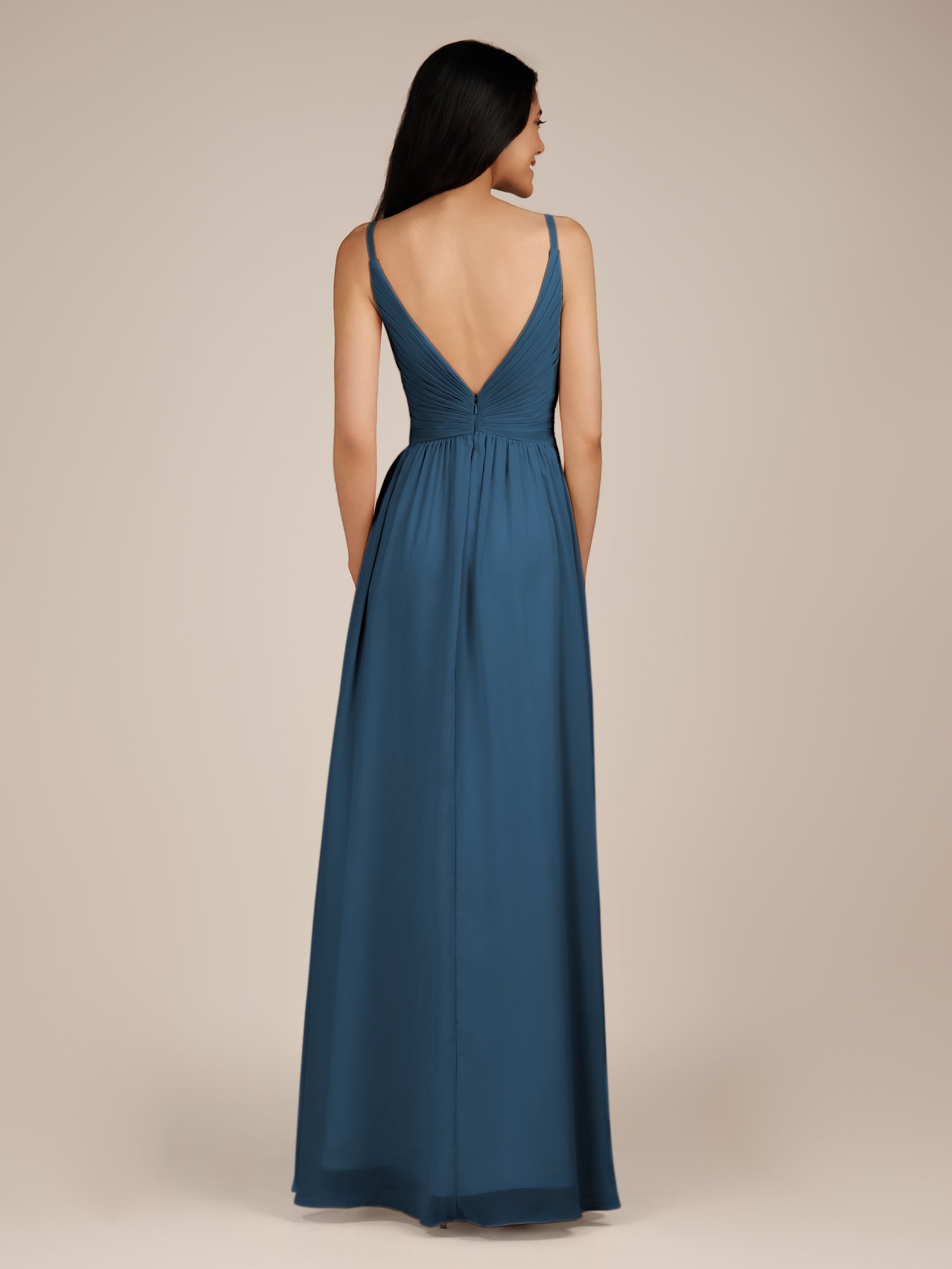 KissDress-Ophelia Bermuda A Line Chiffon V Neck Long Bridesmaid Dress with Pleats