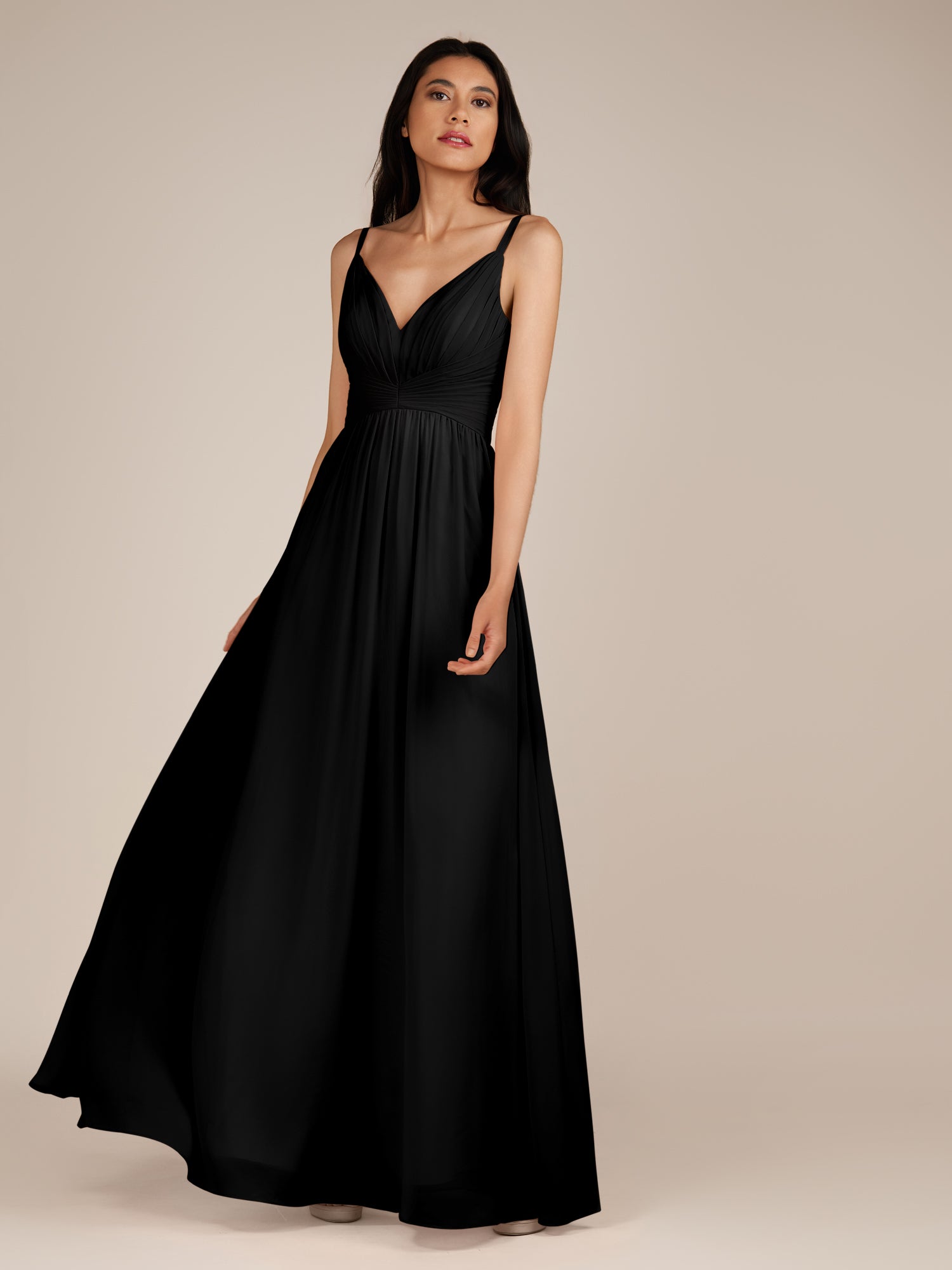 KissDress-Ophelia Black A Line Chiffon V Neck Long Bridesmaid Dress with Pleats