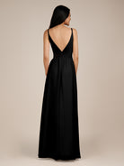 KissDress-Ophelia Black A Line Chiffon V Neck Long Bridesmaid Dress with Pleats