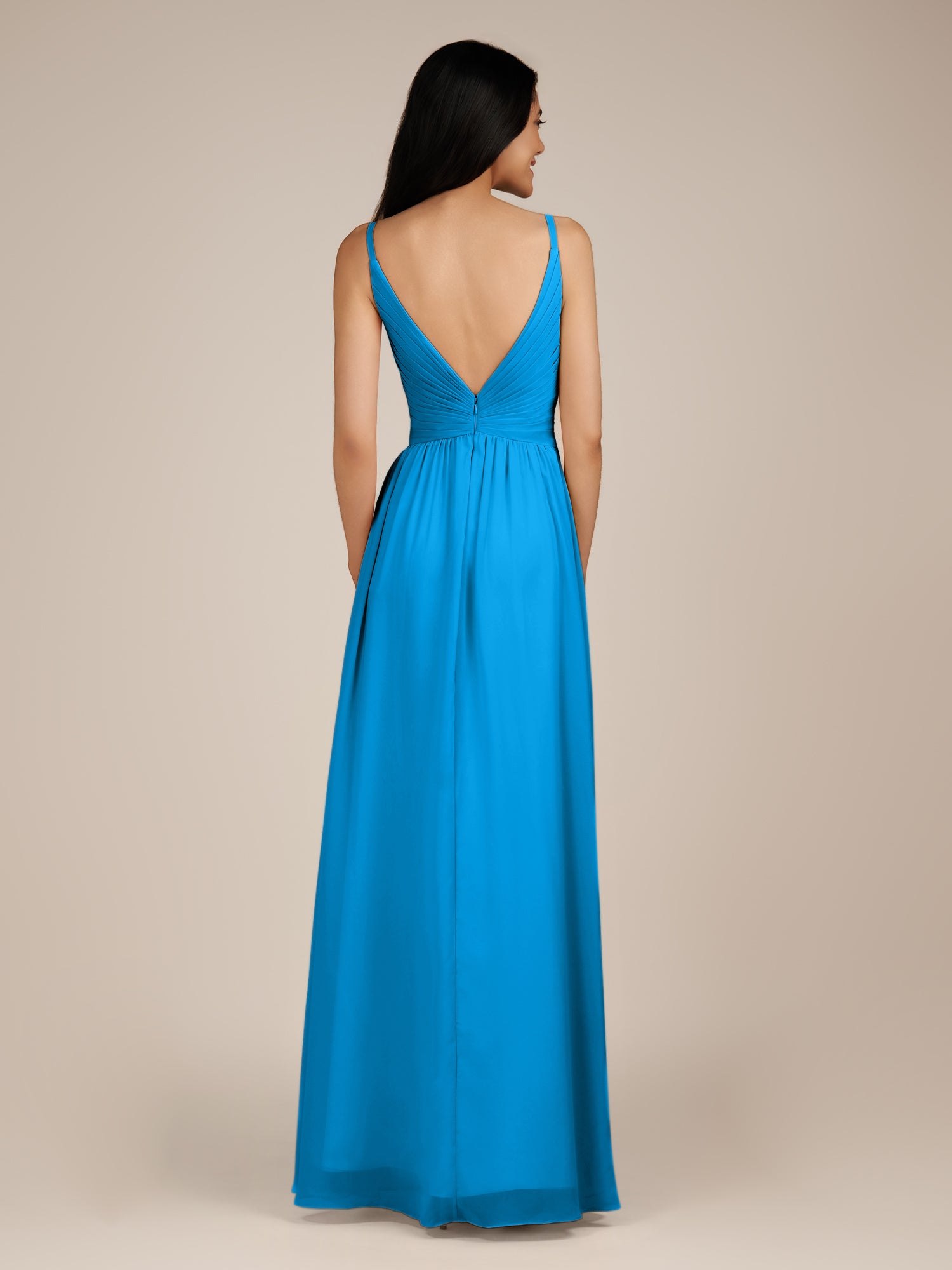 KissDress-Ophelia Blue Jay A Line Chiffon V Neck Long Bridesmaid Dress with Pleats
