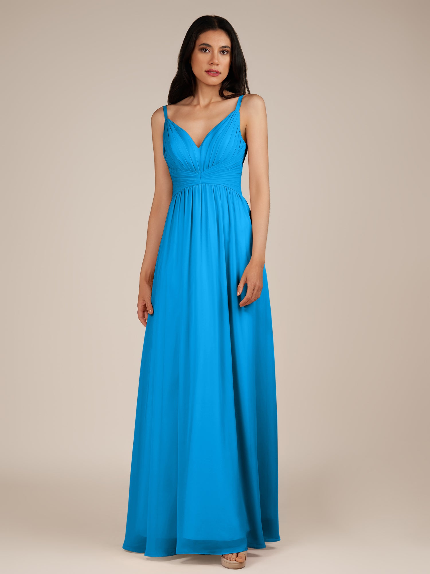 KissDress-Ophelia Blue Jay A Line Chiffon V Neck Long Bridesmaid Dress with Pleats