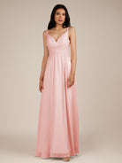 KissDress-Ophelia Blush Pink A Line Chiffon V Neck Long Bridesmaid Dress with Pleats