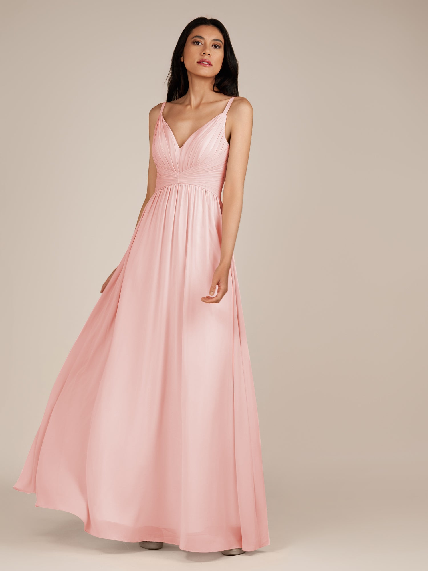 KissDress-Ophelia Blush Pink A Line Chiffon V Neck Long Bridesmaid Dress with Pleats
