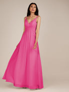 KissDress-Ophelia BonBon Pink A Line Chiffon V Neck Long Bridesmaid Dress with Pleats