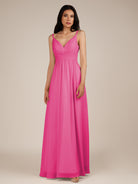 KissDress-Ophelia BonBon Pink A Line Chiffon V Neck Long Bridesmaid Dress with Pleats