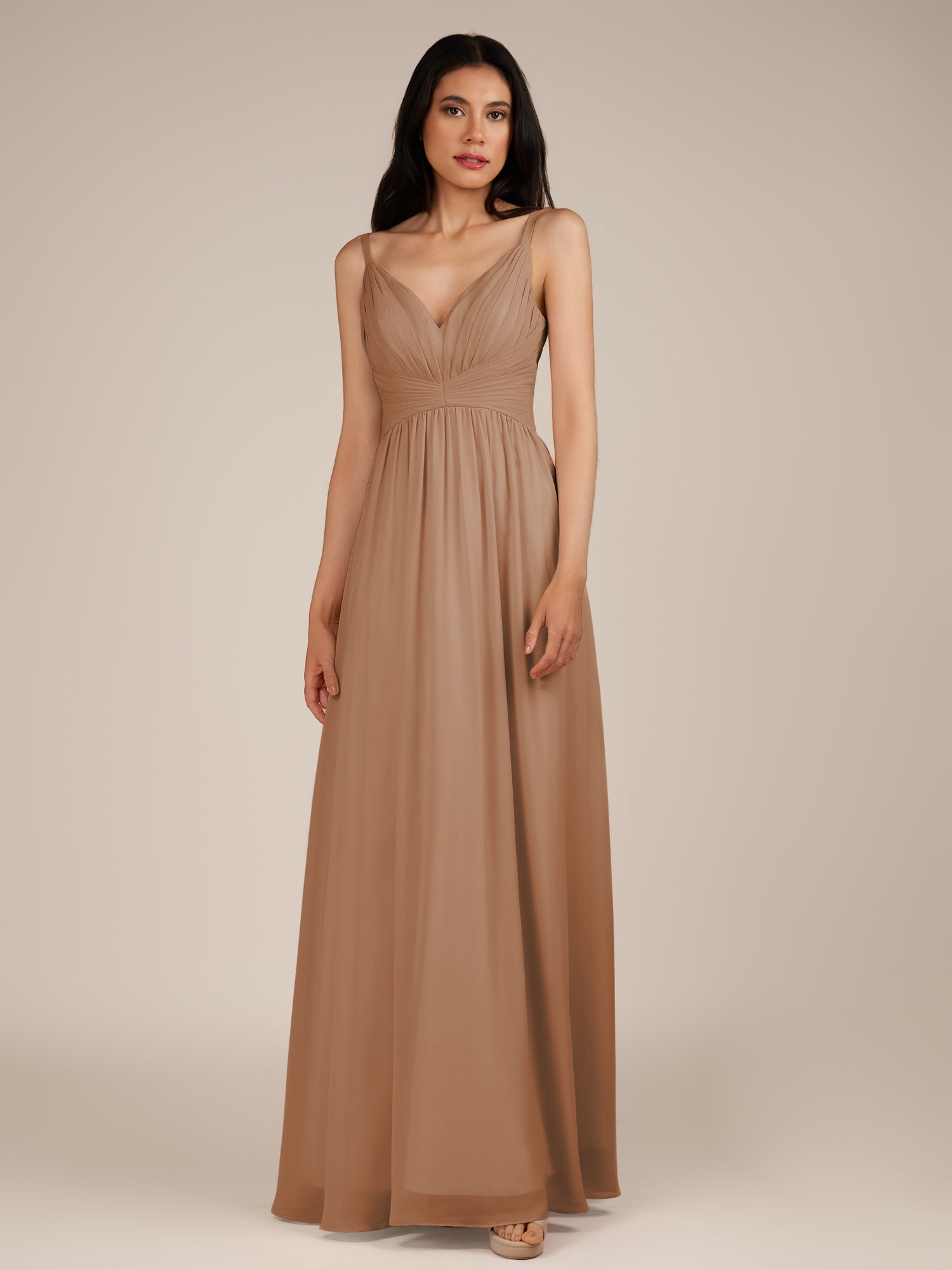 KissDress-Ophelia Bronzer A Line Chiffon V Neck Long Bridesmaid Dress with Pleats