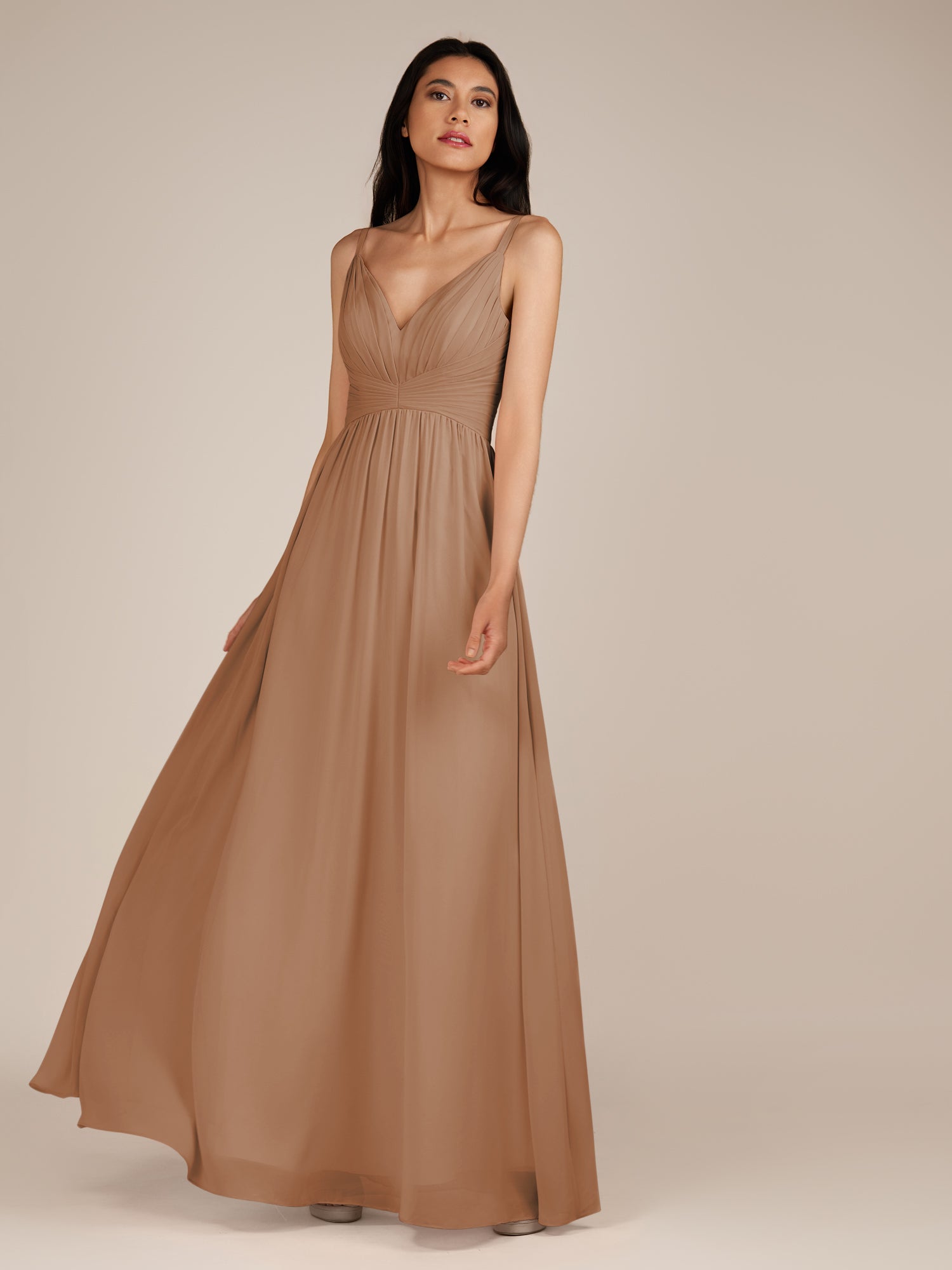 KissDress-Ophelia Bronzer A Line Chiffon V Neck Long Bridesmaid Dress with Pleats