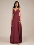 KissDress-Ophelia Burgundy A Line Chiffon V Neck Long Bridesmaid Dress with Pleats