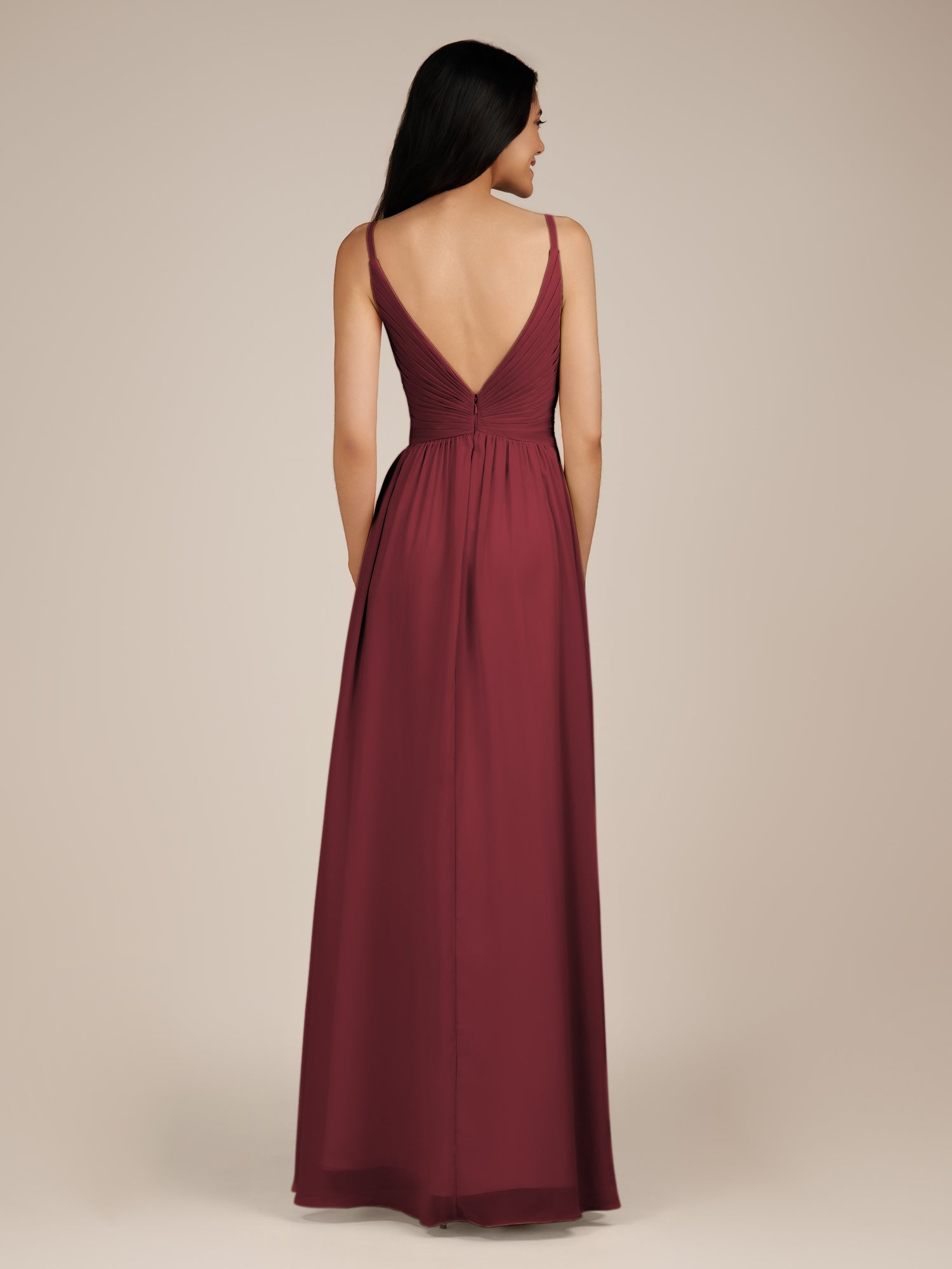 KissDress-Ophelia Burgundy A Line Chiffon V Neck Long Bridesmaid Dress with Pleats