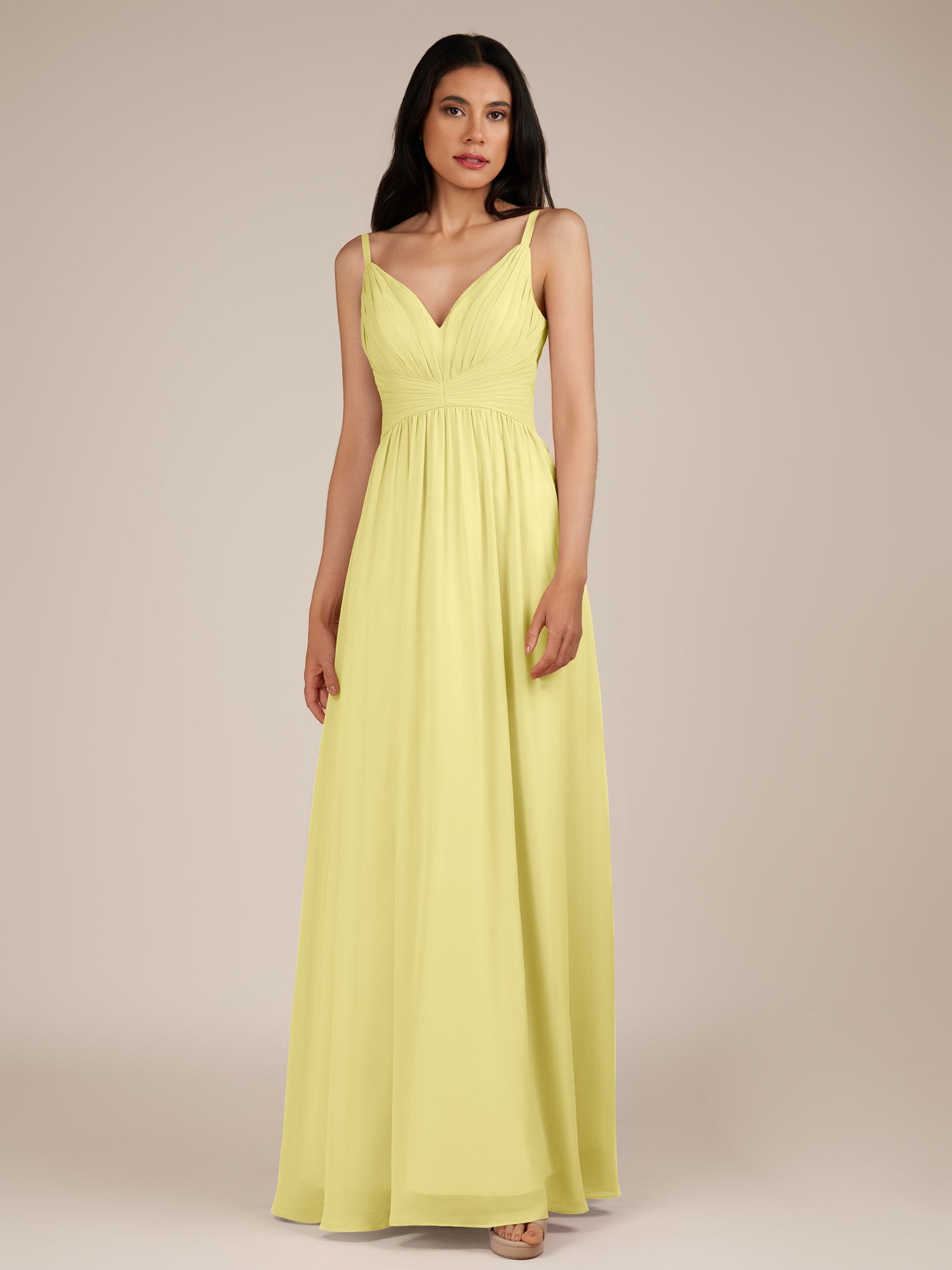 KissDress-Ophelia Buttercup A Line Chiffon V Neck Long Bridesmaid Dress with Pleats