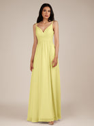 KissDress-Ophelia Buttercup A Line Chiffon V Neck Long Bridesmaid Dress with Pleats