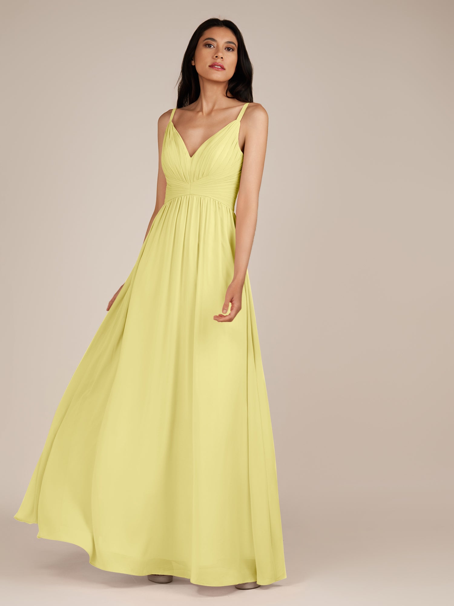 KissDress-Ophelia Buttercup A Line Chiffon V Neck Long Bridesmaid Dress with Pleats