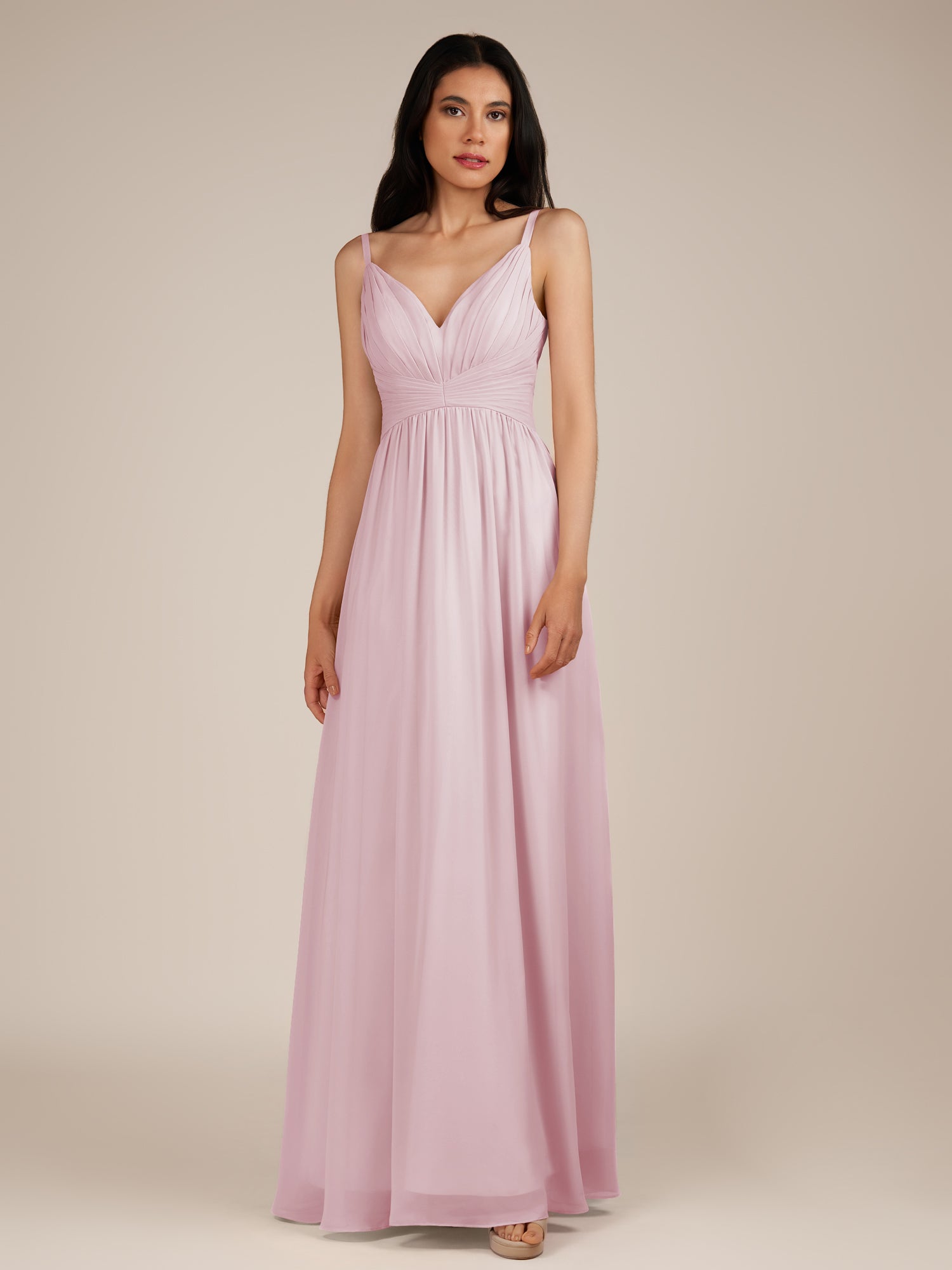 KissDress-Ophelia Candy Pink A Line Chiffon V Neck Long Bridesmaid Dress with Pleats