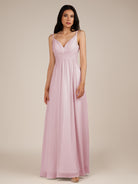 KissDress-Ophelia Candy Pink A Line Chiffon V Neck Long Bridesmaid Dress with Pleats